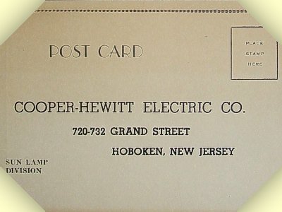 the Cooper Hewitt 'The Traveler' sunlamp was manufactured by Cooper Hewitt Electric Co., Hoboken, New Jersey
